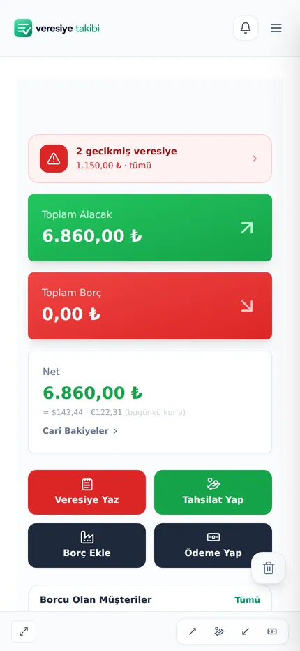 Veresiye Takibi ana ekranı