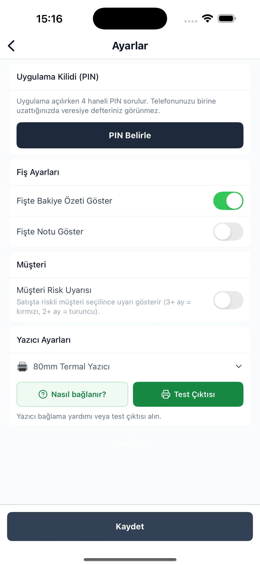 PIN kilidi, fiş ayarları ve termal yazıcı desteği
