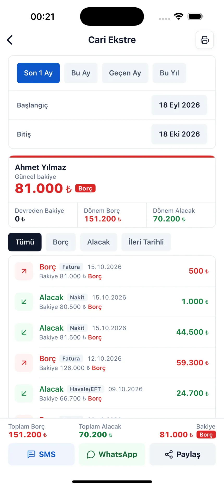 Cari ekstre: her satırda yürüyen bakiye; SMS, WhatsApp ya da PDF ile paylaşın