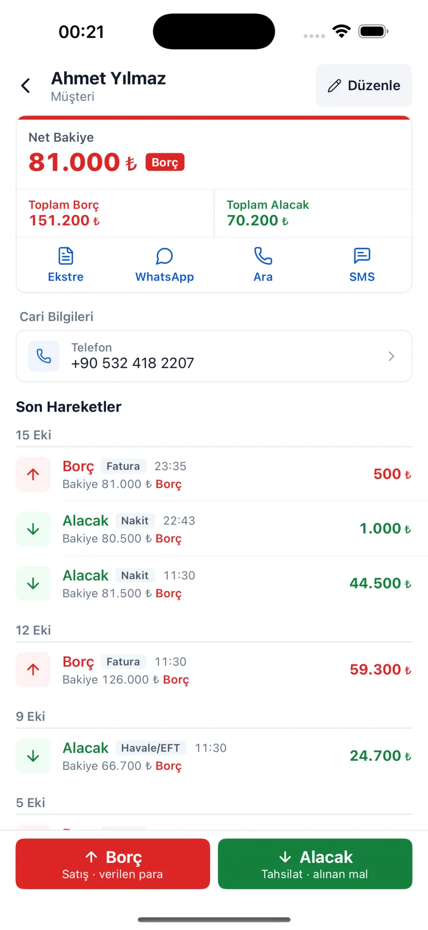 Cari kartı: net bakiye, son hareketler, WhatsApp ve SMS