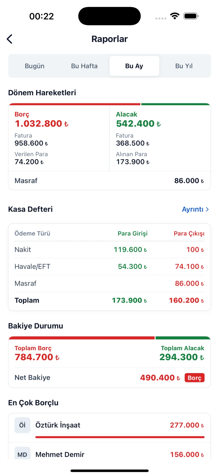 Raporlar: dönemin borcu ve alacağı, ödeme türüne göre Kasa Defteri, en çok borçlu cariler