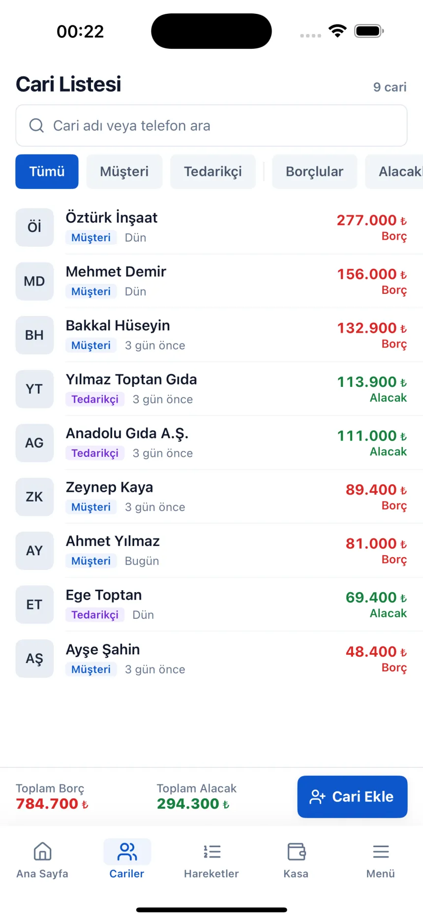 Cari Listesi: müşteri ve tedarikçiler, güncel borç ve alacaklarıyla