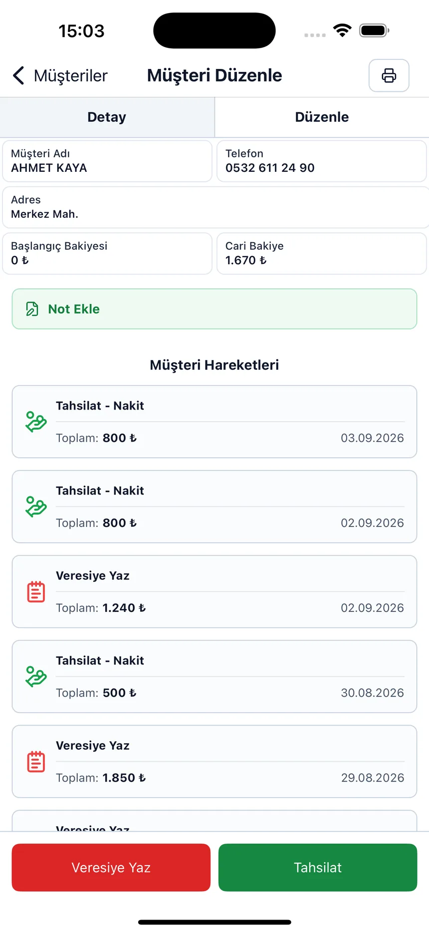 Cari ekstre: bir müşterinin tüm hareketi tarih sırasıyla