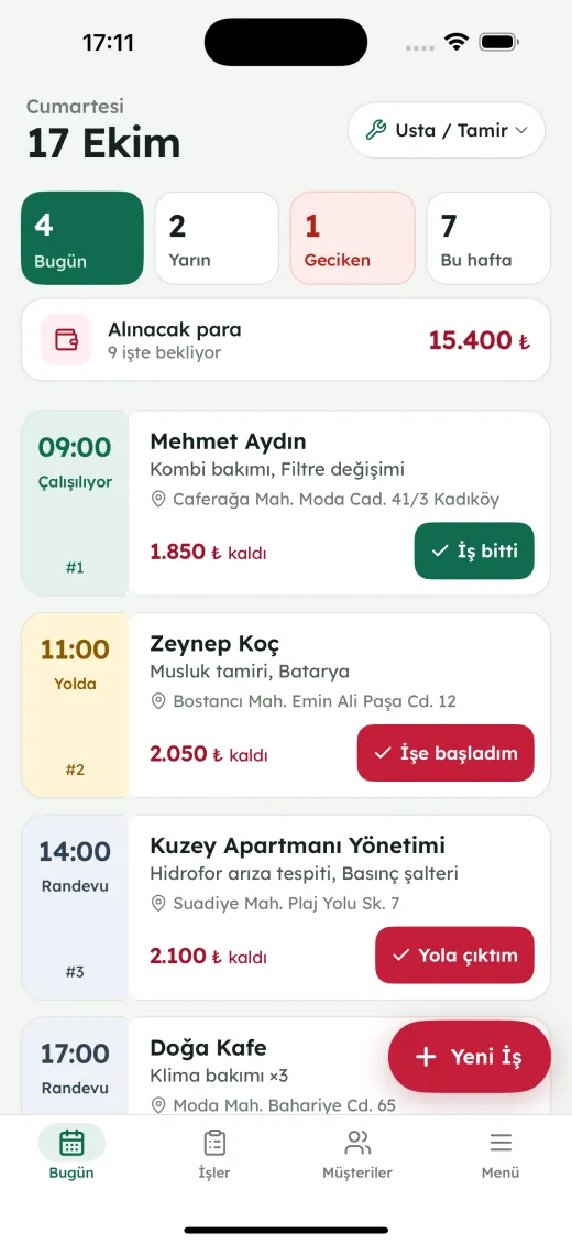 Bugün ekranı: günün işleri saat sırasıyla, geciken işler ve alınacak para