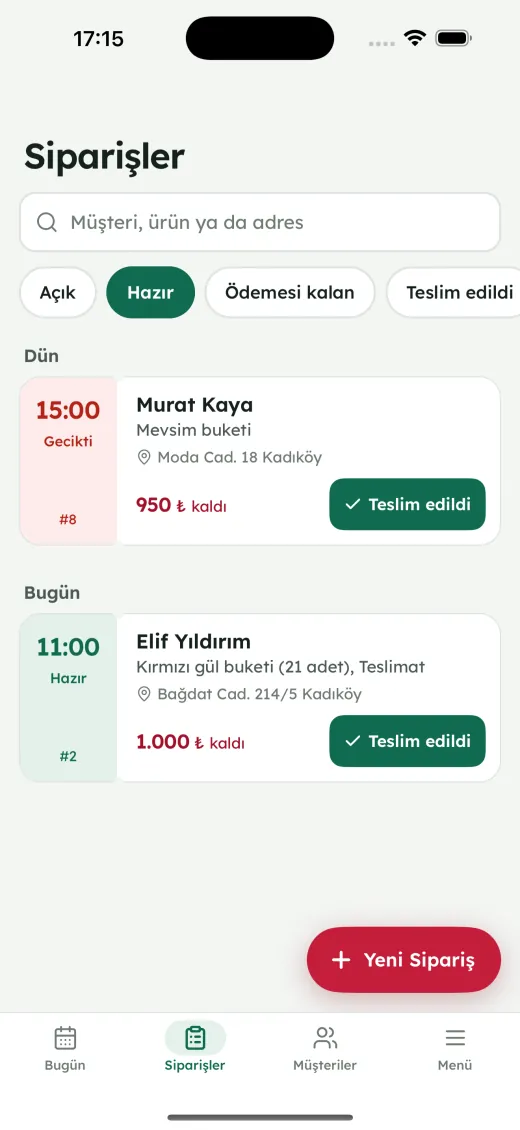 Siparişler: açık, hazır, ödemesi kalan ve teslim edilen siparişler