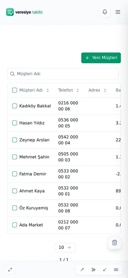 Müşteri listesi ve bakiyeler