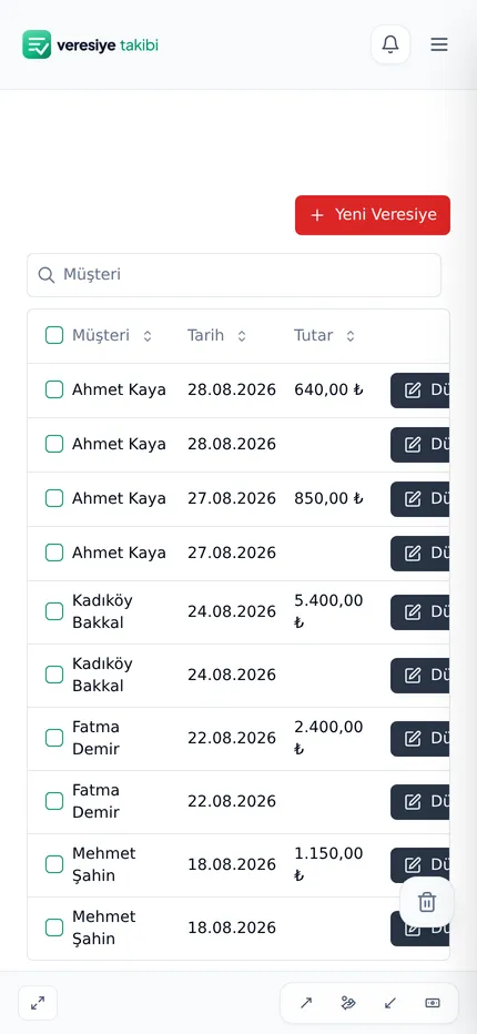 Veresiye kayıtları: tarih, tutar ve müşteri